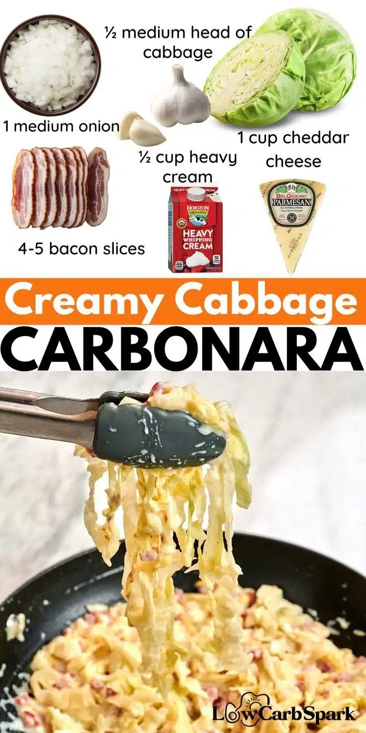 Bowl of Cabbage Carbonara pasta topped with parmesan and herbs