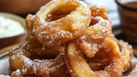 Fried cinnamon apple rings, crispy and sweet dessert bliss.