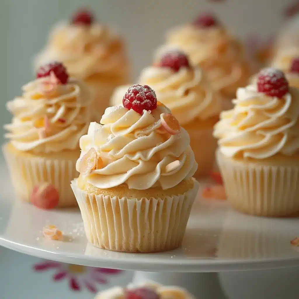Delicious Peach Bellini Cupcakes topped with peach frosting and sprinkles