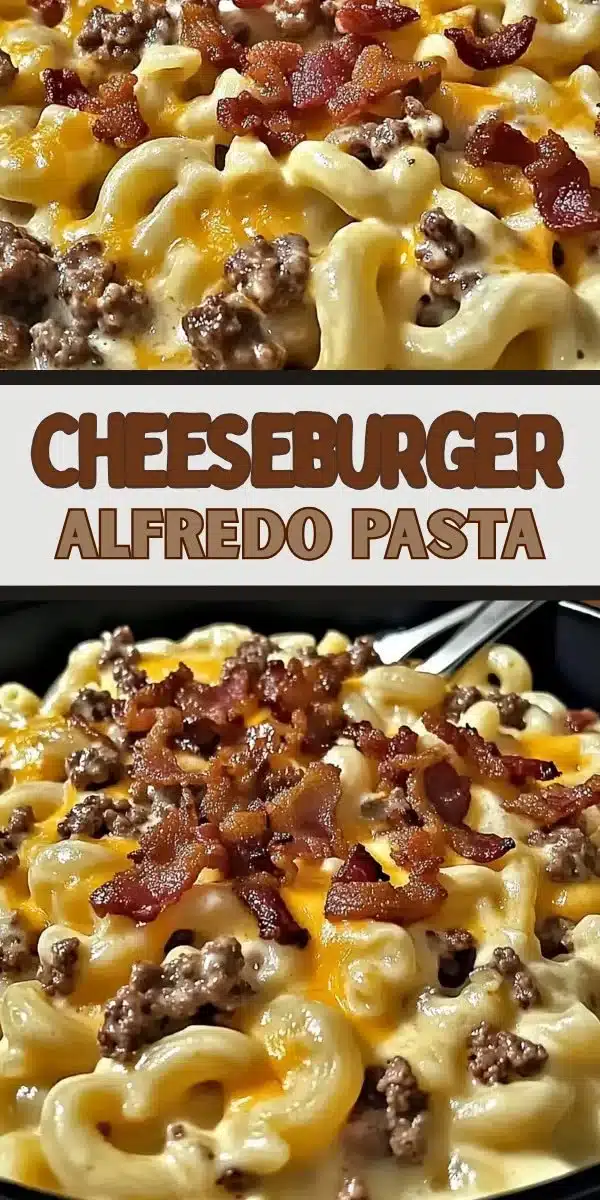 Bacon Cheeseburger Alfredo Pasta 1 Bacon Cheeseburger Alfredo Pasta with creamy sauce and crispy bacon