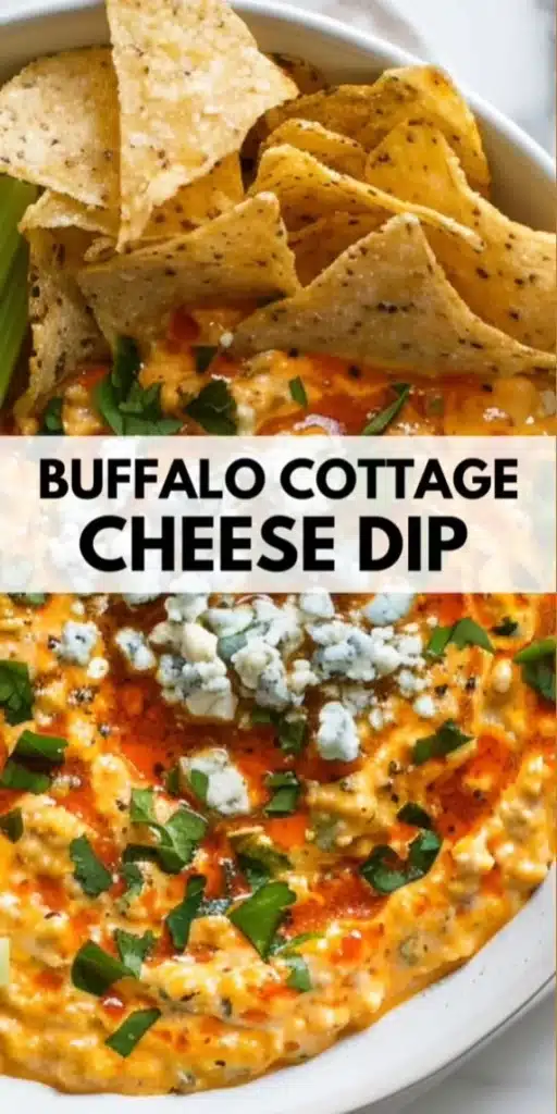 Buffalo cottage cheese dip served in a bowl with tortilla chips
