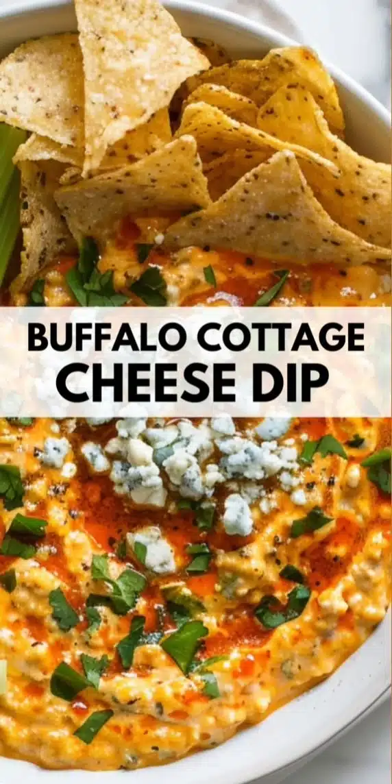 Buffalo cottage cheese dip served in a bowl with tortilla chips