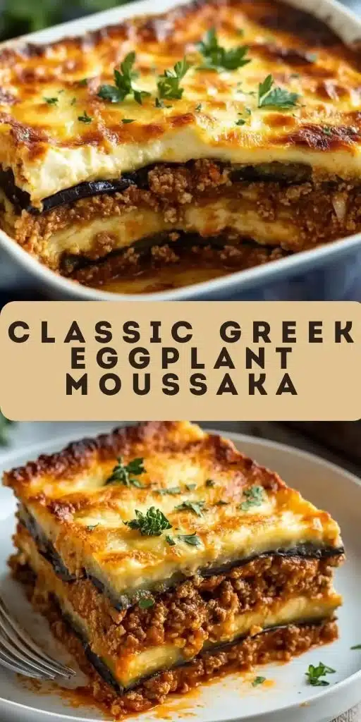 Delicious serving of Classic Greek Eggplant Moussaka, layered with eggplant and béchamel sauce.