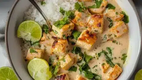 Delicious Coconut Lime Tofu dish garnished with fresh herbs and lime slices.