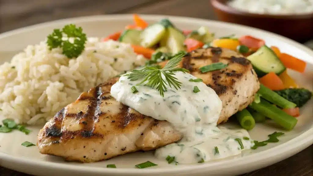 Cottage Cheese Sauce drizzled over chicken on a plate