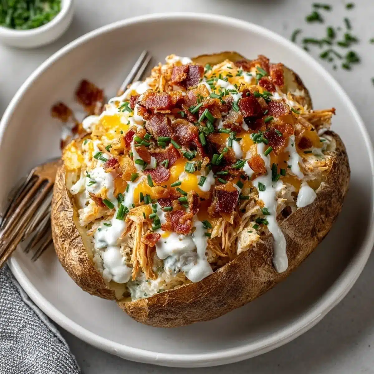 Crack Chicken Stuffed Baked Potatoes 1 Delicious crack chicken stuffed baked potatoes ready to be served