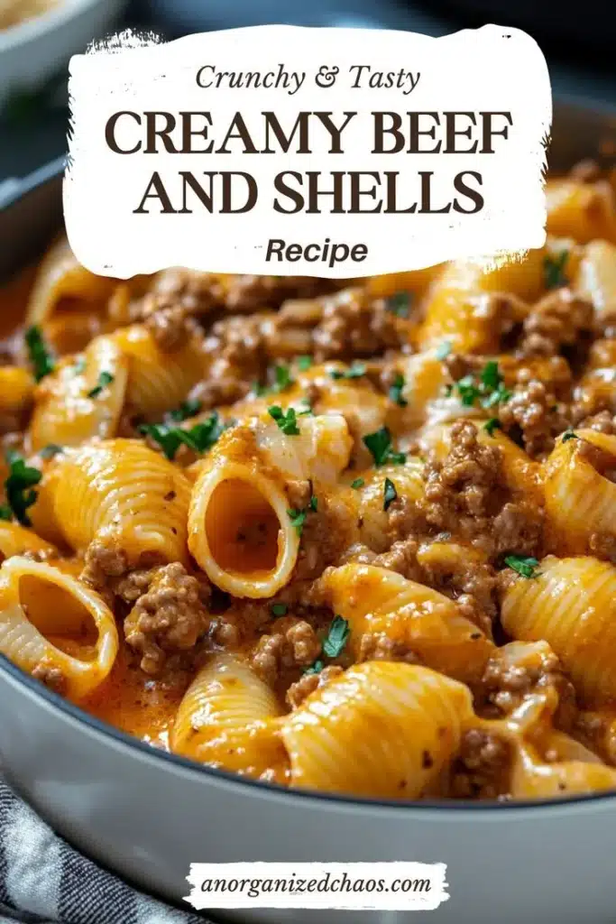 Creamy beef and shells pasta dish with rich sauce and herbs