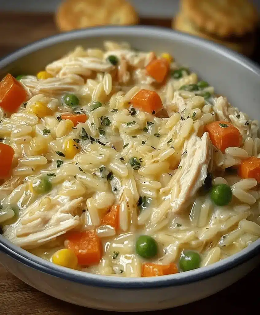 Creamy chicken pot pie orzo dish ready to serve with fresh herbs on top