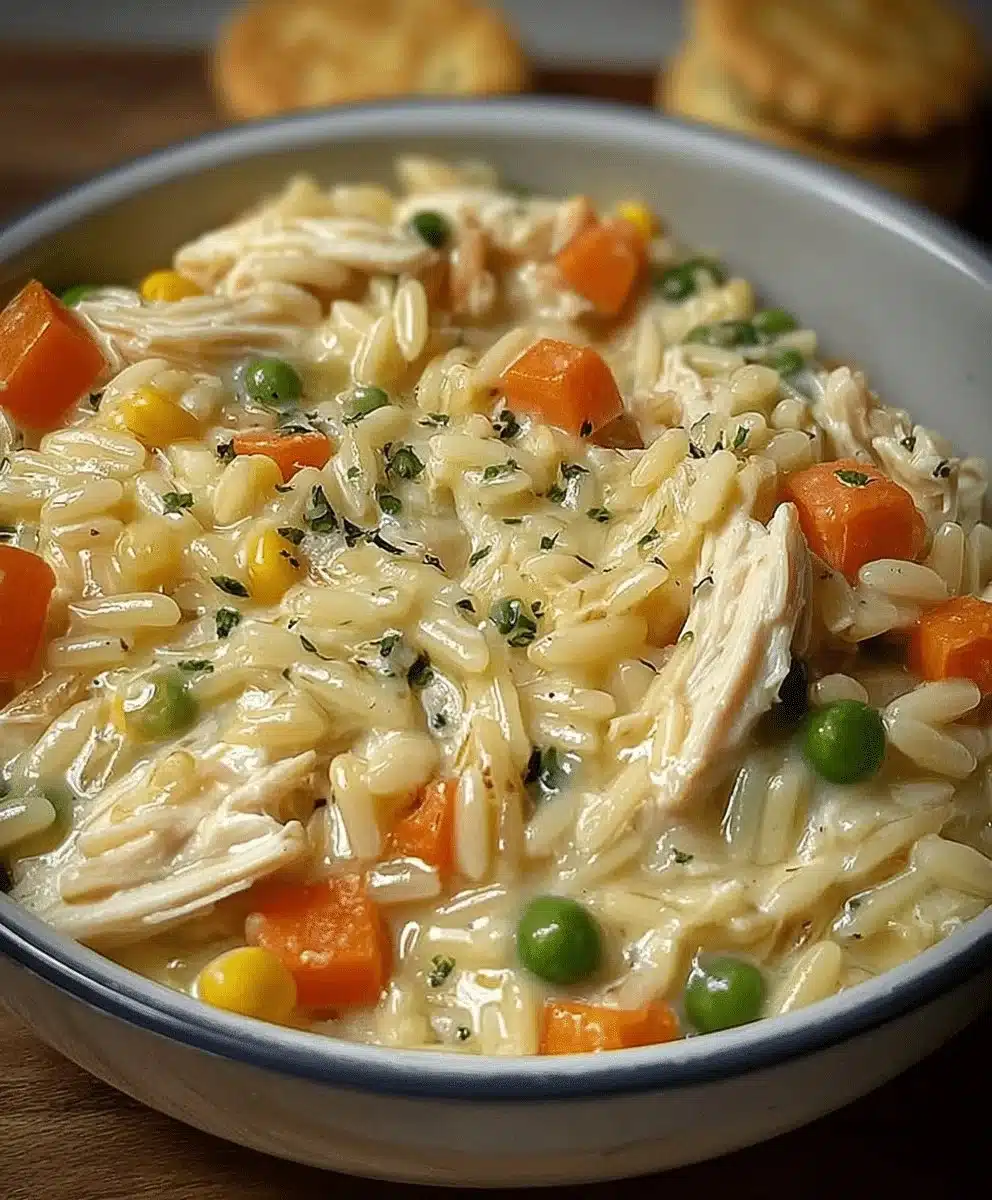 Creamy Chicken Pot Pie Orzo Recipe 1 Creamy chicken pot pie orzo dish ready to serve with fresh herbs on top