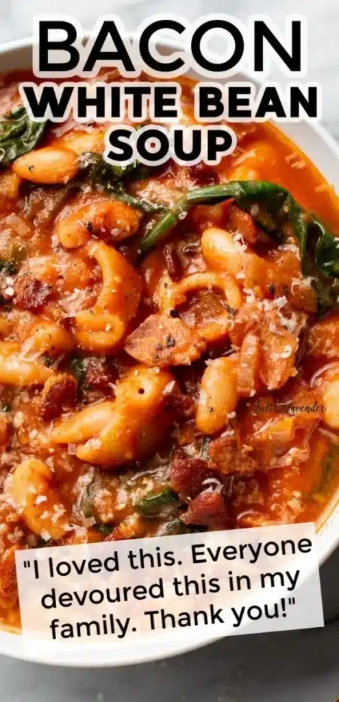 A bowl of crispy bacon pasta topped with herbs and served with white bean soup.