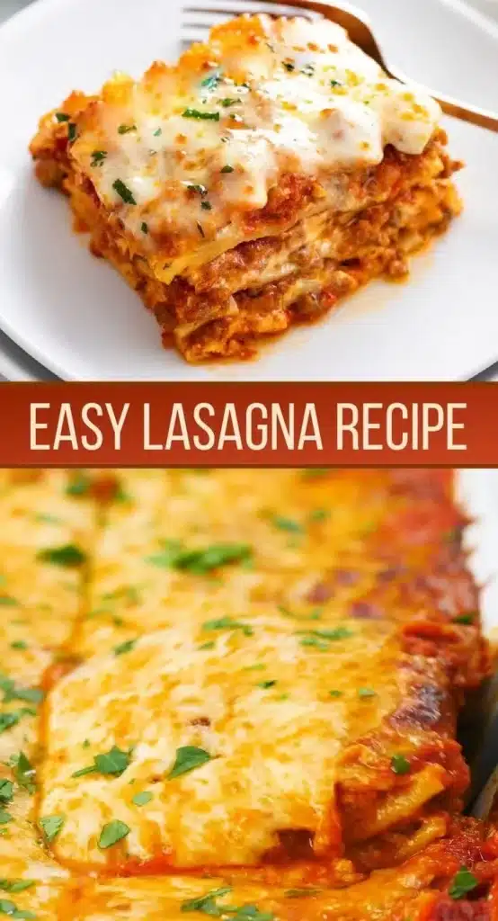 Delicious homemade easy lasagna served on a plate with cheese and herbs