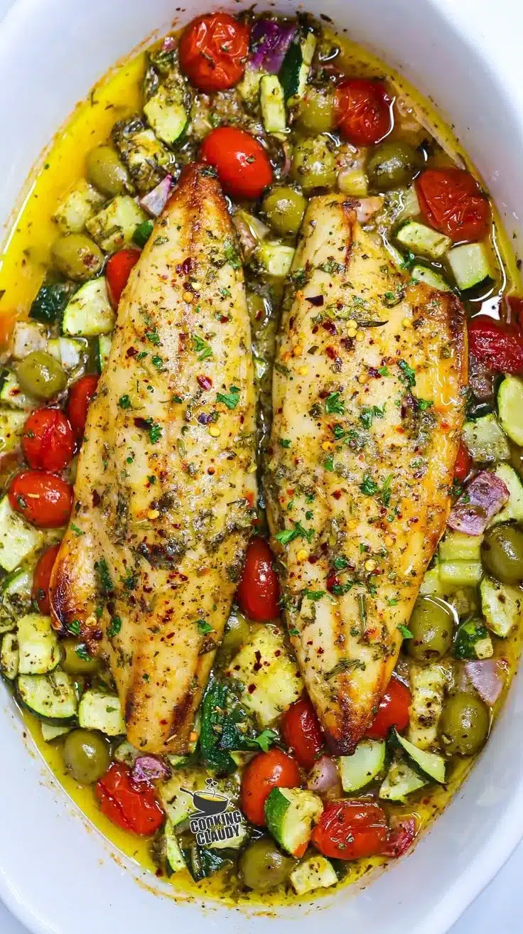 Easy Mediterranean Baked Fish 1 Delicious easy Mediterranean baked fish with herbs and vegetables on a plate
