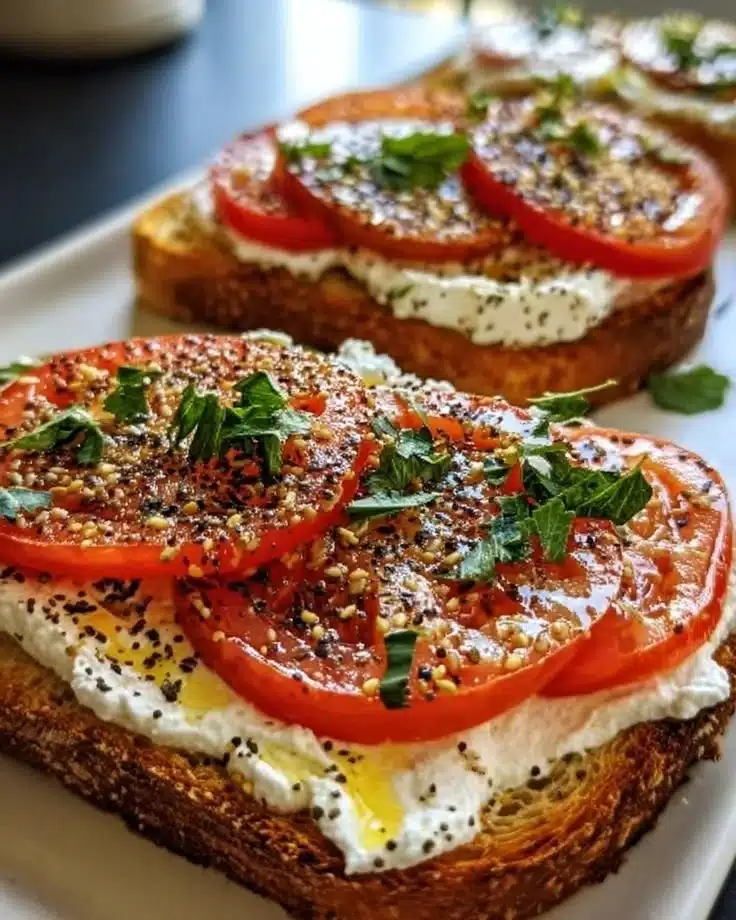 Easy ricotta and tomato sourdough toast topped with fresh herbs