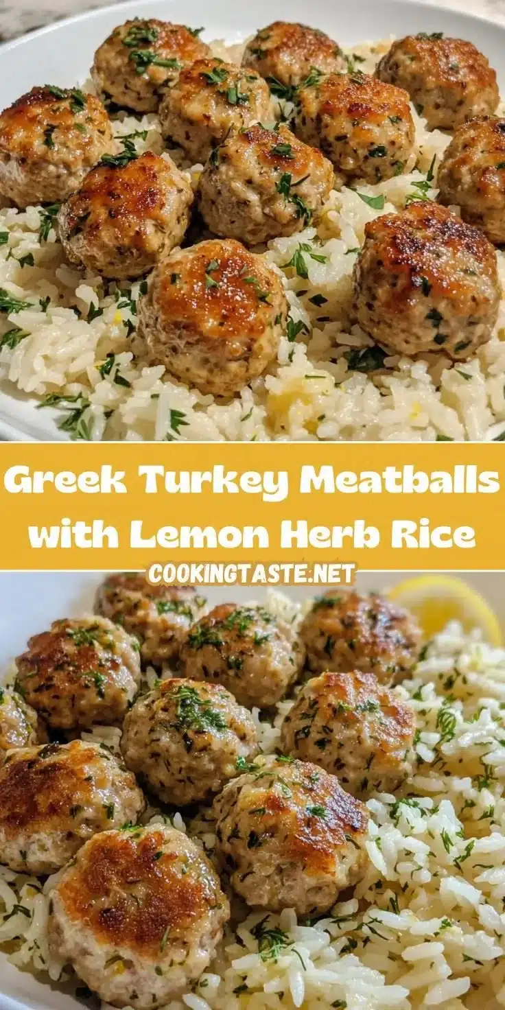 Greek Turkey Meatballs with Lemon Herb Rice 1 Greek Turkey Meatballs with Lemon Herb Rice on a plate garnished with herbs.