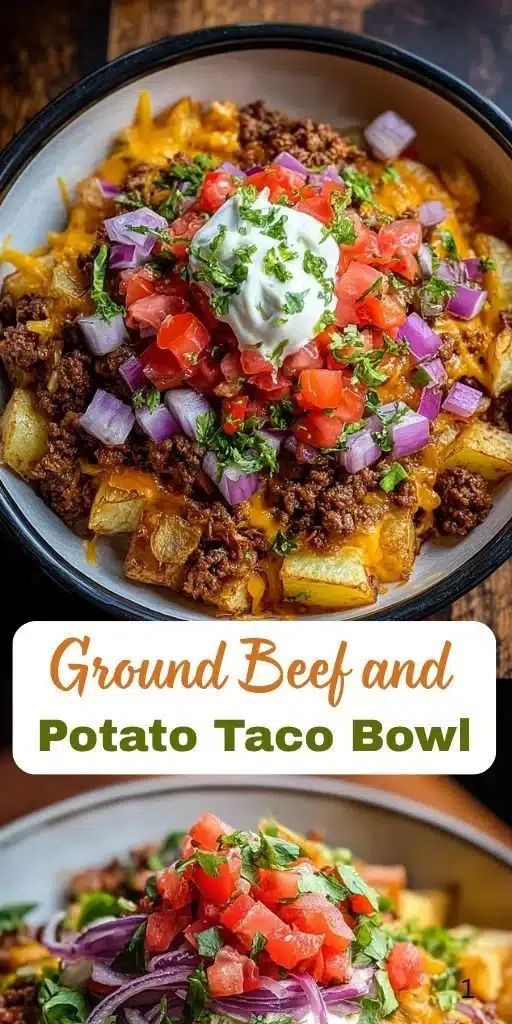 Ground Beef and Potato Taco Bowl with toppings in a colorful dish