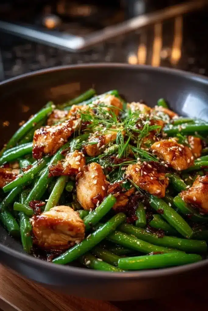 Healthy chicken and green bean stir-fry dish on a plate