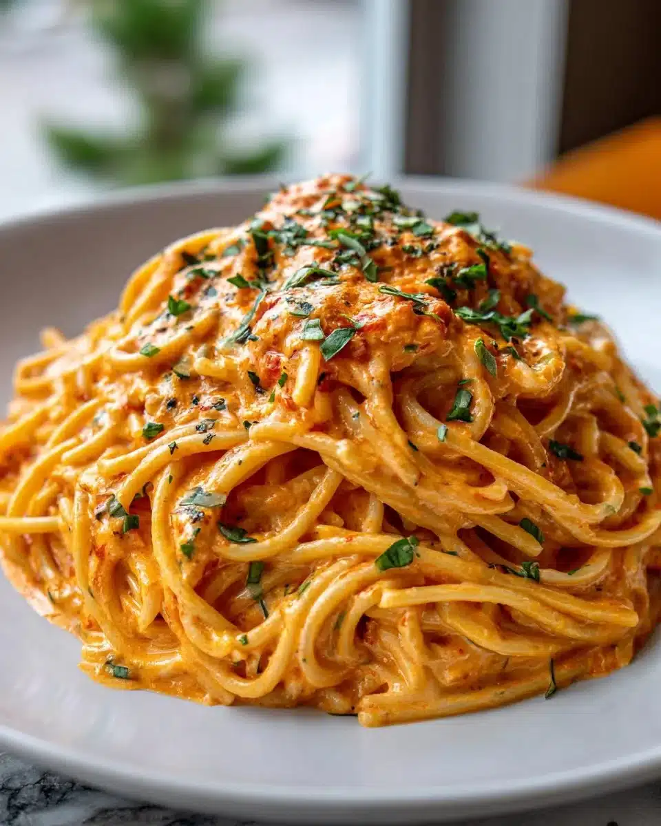 Creamy tomato garlic pasta topped with fresh herbs in a bowl