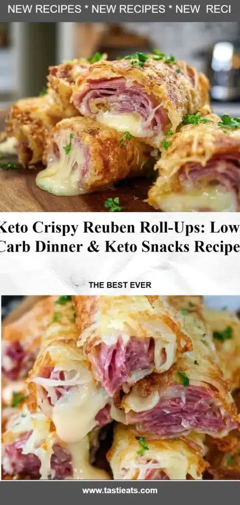 Keto Crispy Reuben Roll-Ups on a plate, garnished with pickles.