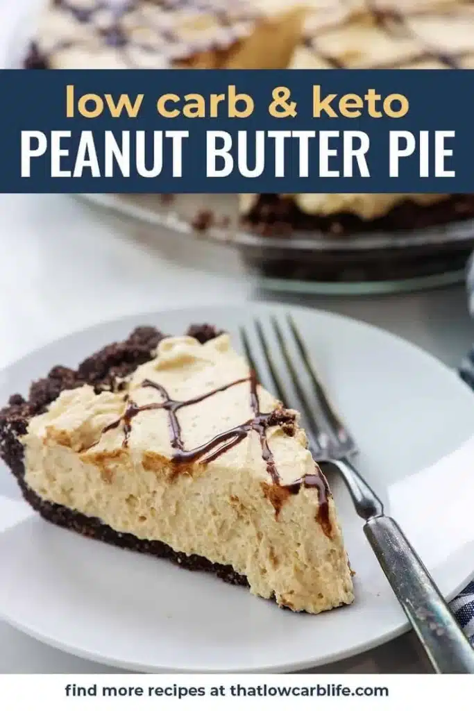 Delicious Keto Peanut Butter Pie topped with whipped cream and chocolate drizzle