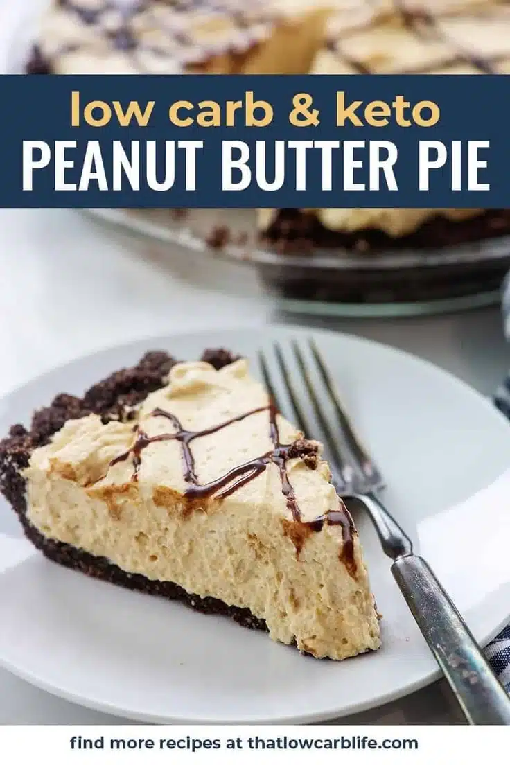 Delicious Keto Peanut Butter Pie topped with whipped cream and chocolate drizzle
