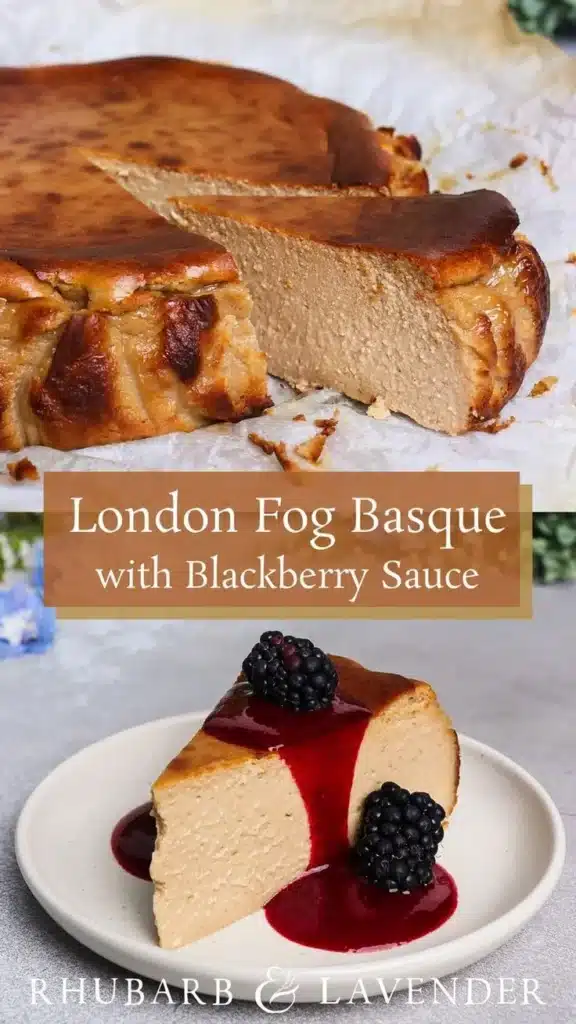 Slice of London Fog Cheesecake topped with earl grey tea and cream