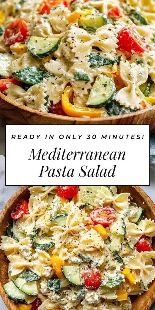 Mediterranean Cottage Cheese Pasta Salad with fresh vegetables and herbs