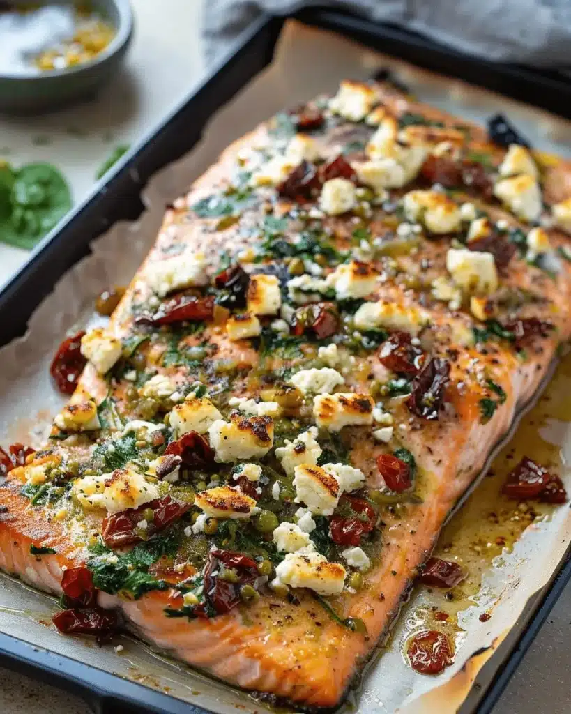 Mediterranean Salmon Bake with vibrant vegetables and herbs for a healthy meal