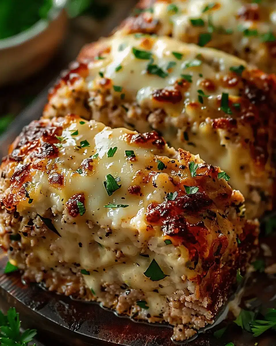 Melt-in-Your-Mouth Garlic Parmesan Chicken Meatloaf 1 Melt-in-Your-Mouth Garlic Parmesan Chicken Meatloaf served with herbs