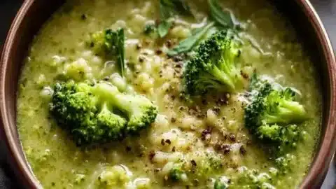Bowl of Garlic Broccoli Soup garnished with fresh herbs and bread