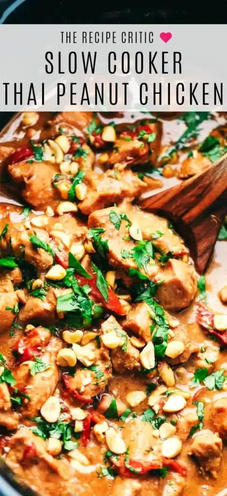 Slow Cooker Thai Peanut Chicken served with rice and vegetables.