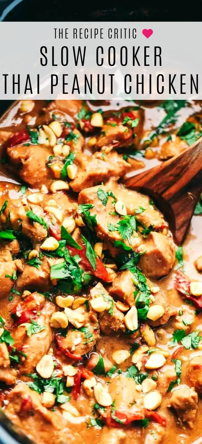 Slow Cooker Thai Peanut Chicken 1 Slow Cooker Thai Peanut Chicken served with rice and vegetables.