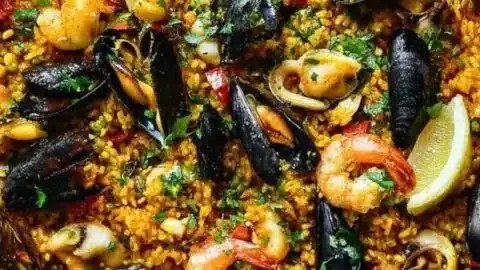 Mixed Spanish Paella with seafood, chicken, and vegetables in a traditional pan.