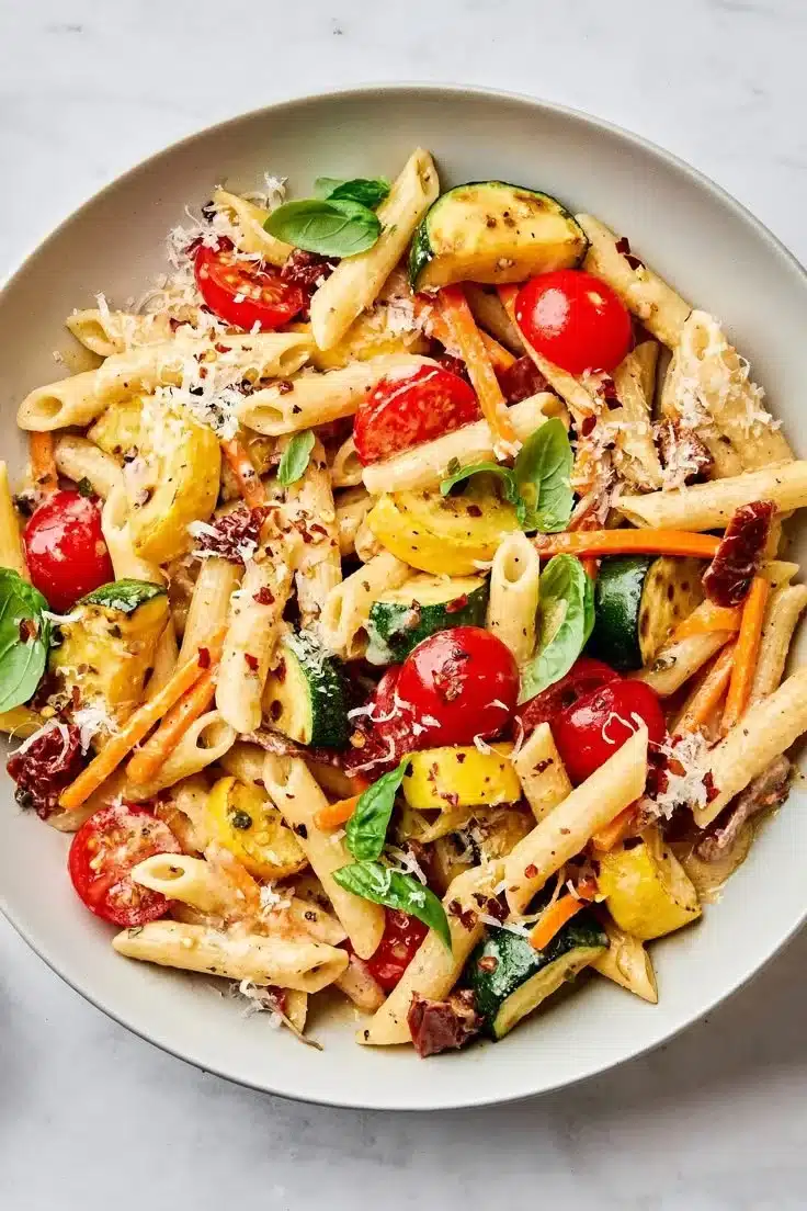 Delicious Spring Pasta with fresh vegetables and herbs garnished for springtime.