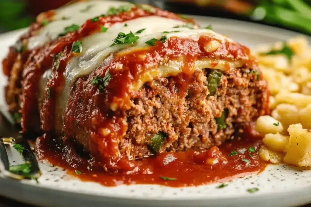 Delicious stuffed Italian meatloaf ready to be served