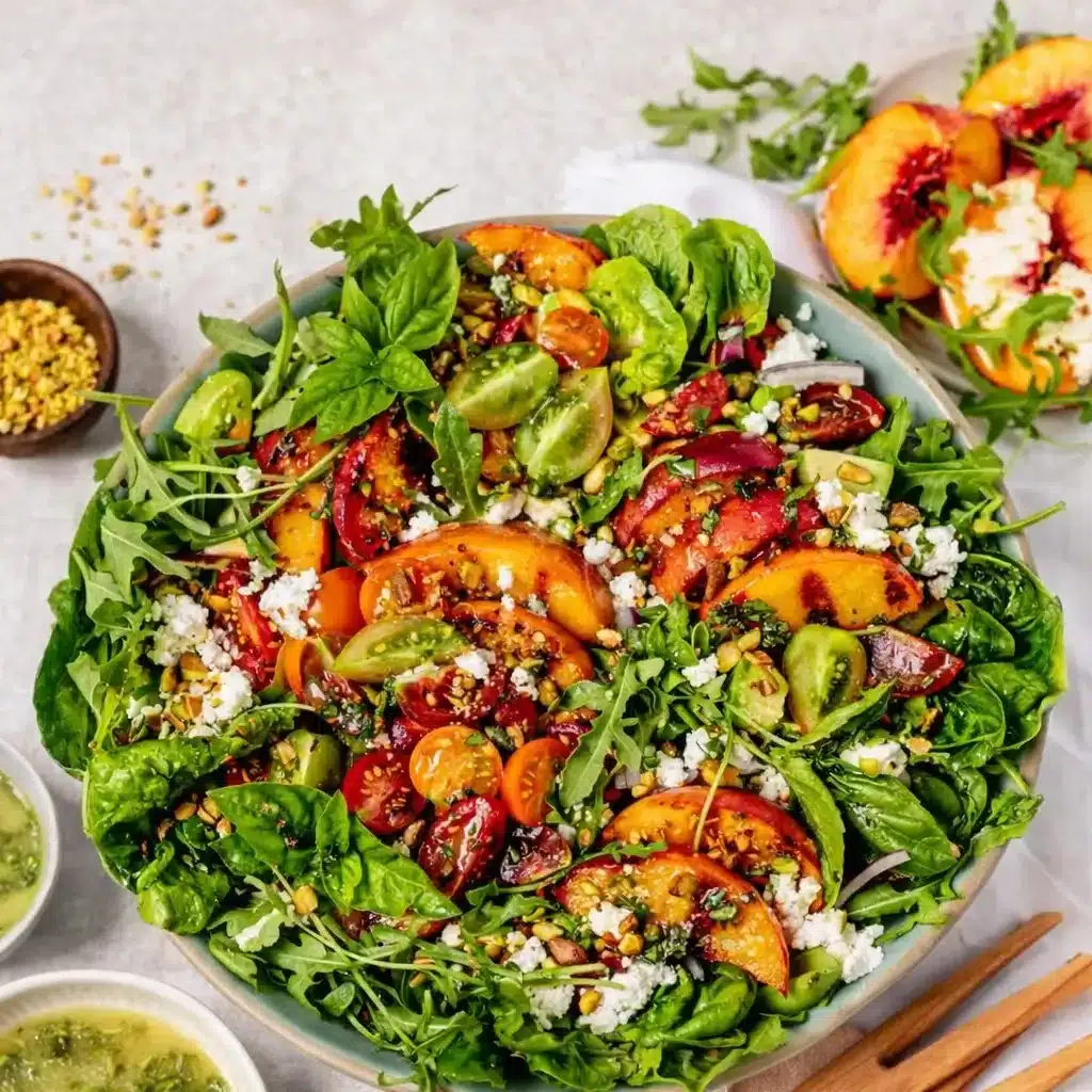 Summer grilled peach salad with basil vinaigrette served in a bowl