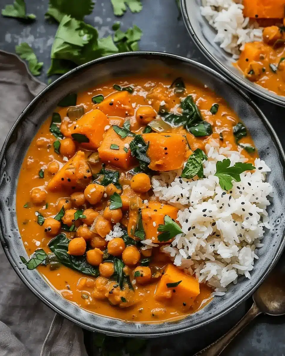 Bowl of sweet potato and chickpea curry garnished with fresh herbs