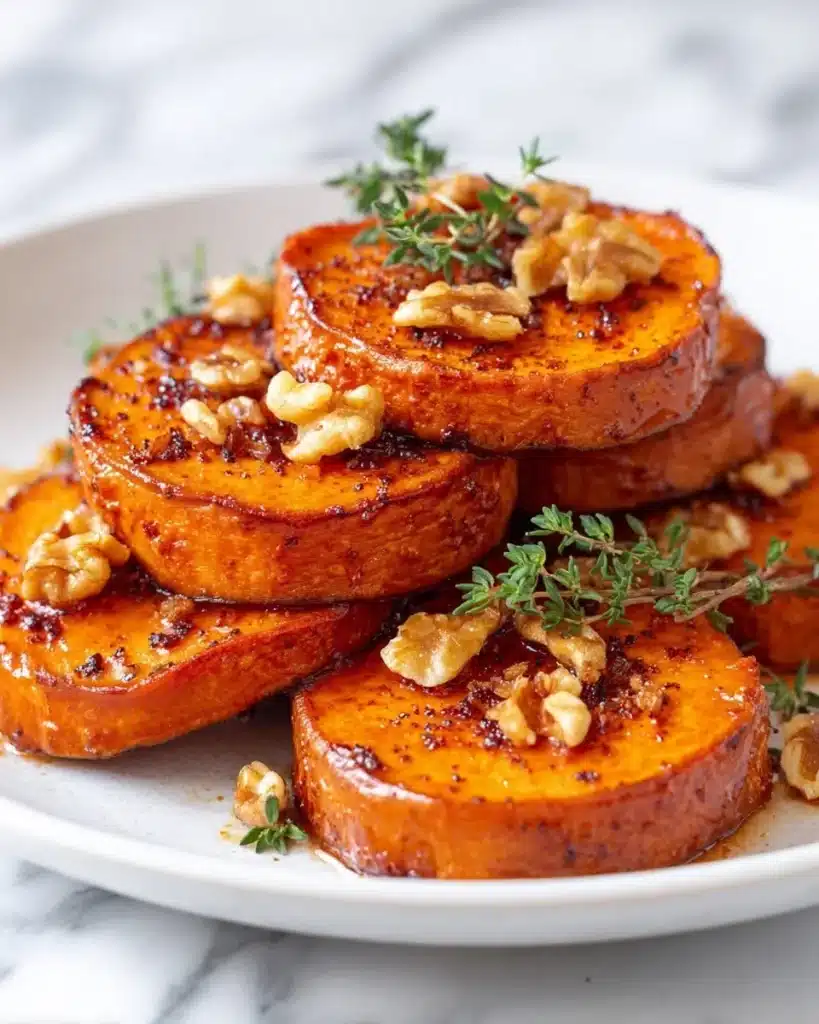 Delicious walnut maple roasted sweet potatoes served on a plate