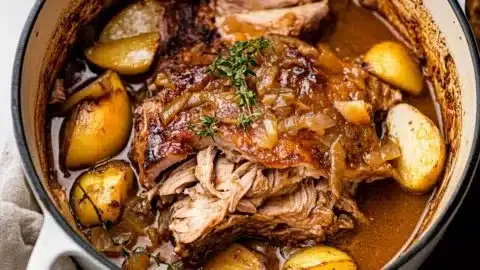 Delicious Apple Cider Pork Roast served on a plate with herbs and spices.