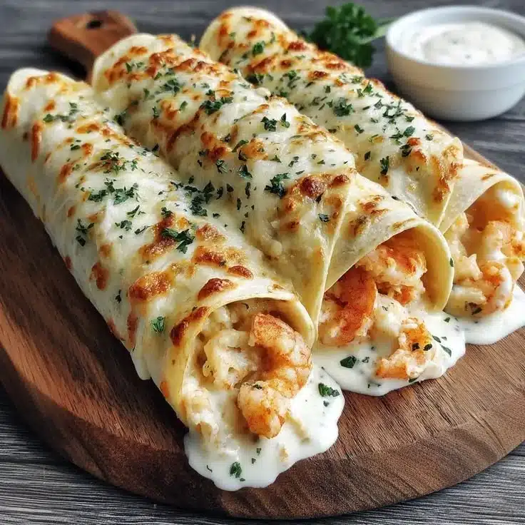 Cheesy seafood tortilla bombs with creamy garlic sauce in a serving platter.