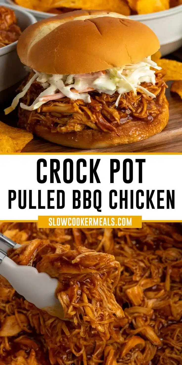 Crock Pot BBQ Pulled Chicken 1 Delicious Crock Pot BBQ pulled chicken served on a bun with coleslaw.