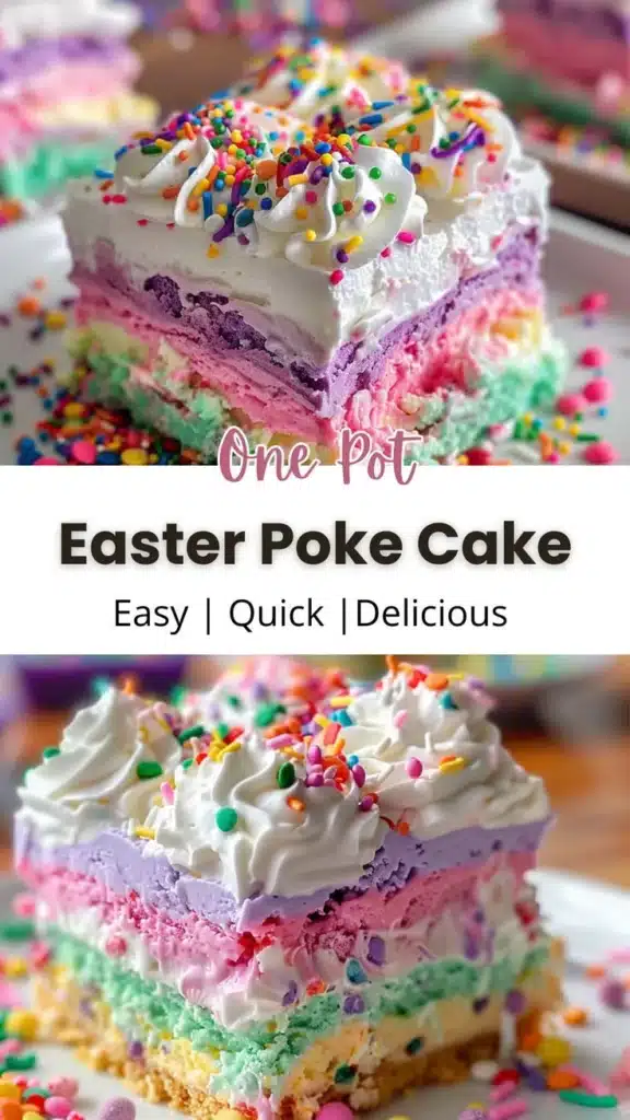 Colorful Easter Poke Cake topped with pastel frosting and decorations.