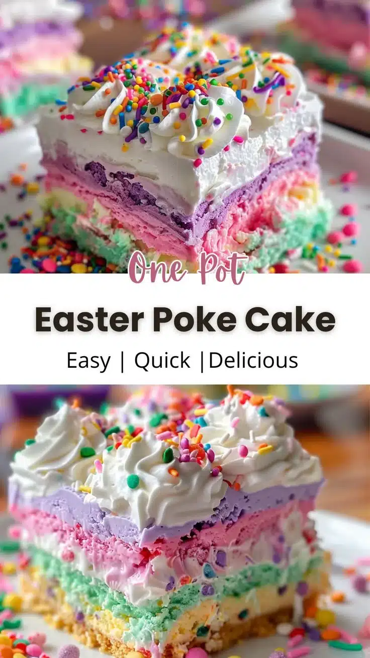 Easter Poke Cake 1 Colorful Easter Poke Cake topped with pastel frosting and decorations.