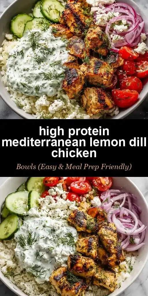 High protein lemon dill chicken bowl garnished with fresh herbs and lemon wedges