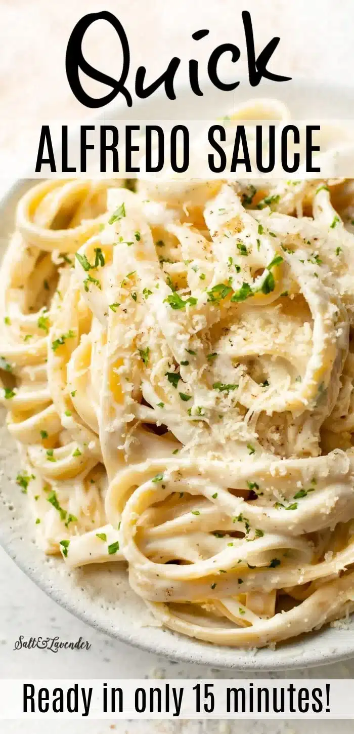 Creamy quick and easy fettuccine alfredo pasta dish served in a bowl.