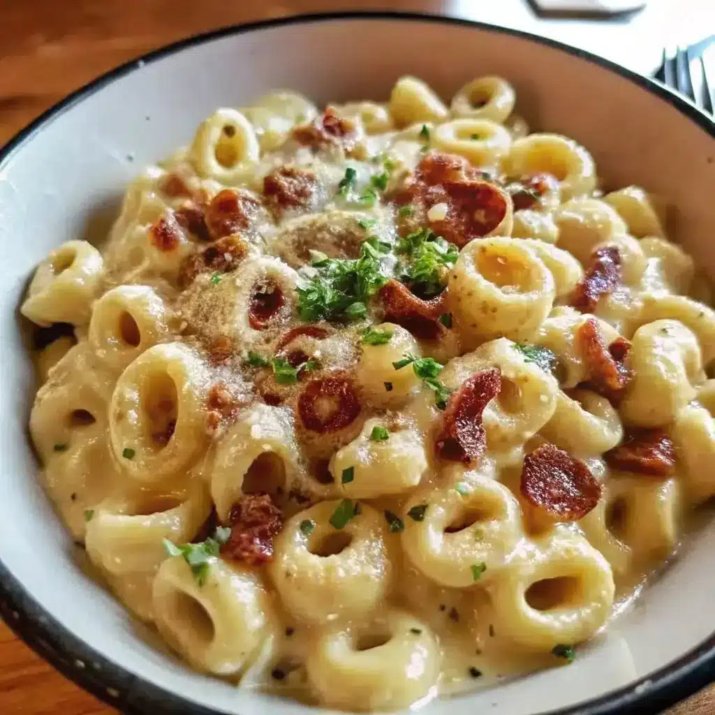 Creamy tortellini carbonara dish served in a bowl with parsley garnish.