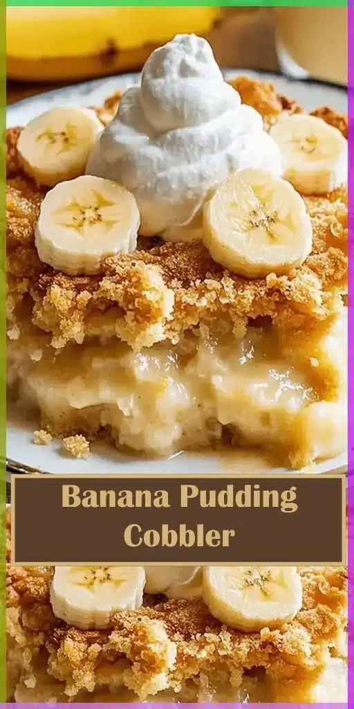 Banana pudding cobbler topped with whipped cream and banana slices.
