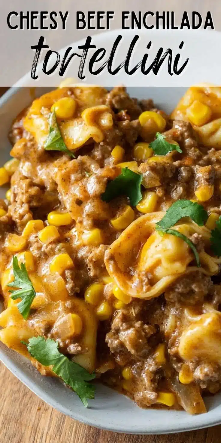 Creamy Cheesy Ground Beef Tortellini 1 Creamy cheesy ground beef tortellini served in a bowl with garnish