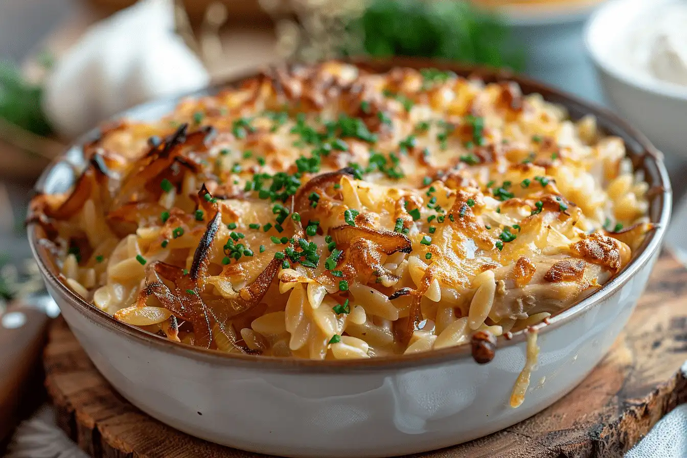French Onion Chicken Orzo Casserole that Melts in Your Mouth 1 French Onion Chicken Orzo Casserole that Melts in Your Mouth