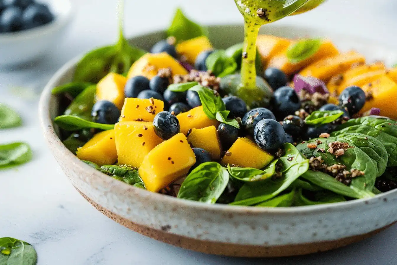 Blueberry and Mango Spinach Salad with Basil Vinaigrette 1 Blueberry and Mango Spinach Salad with Basil Vinaigrette