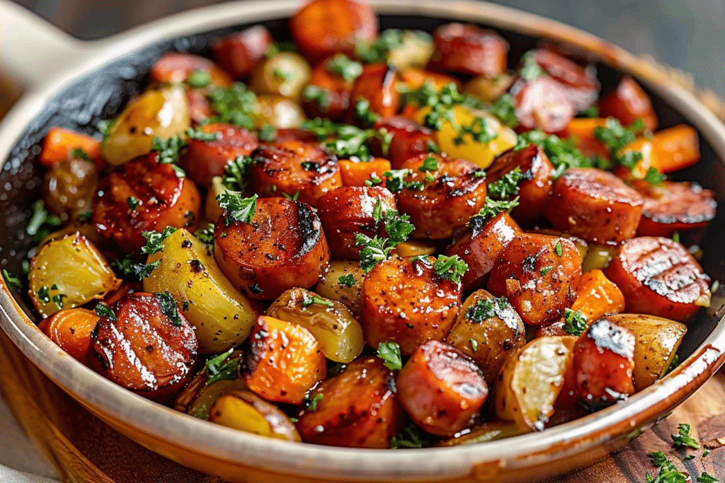 One Pan Honey Garlic Kielbasa and Veggies Sheet Pan Dinner